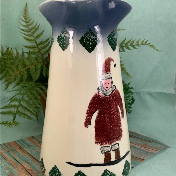⭐️Flat Earth Pottery Santa Pitcher Sponge Red Bkue Green 1994 - Picture 3 of 10